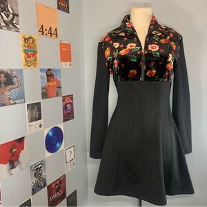 Vintage Gothic Velvet Dress Floral Black Dress with Collar